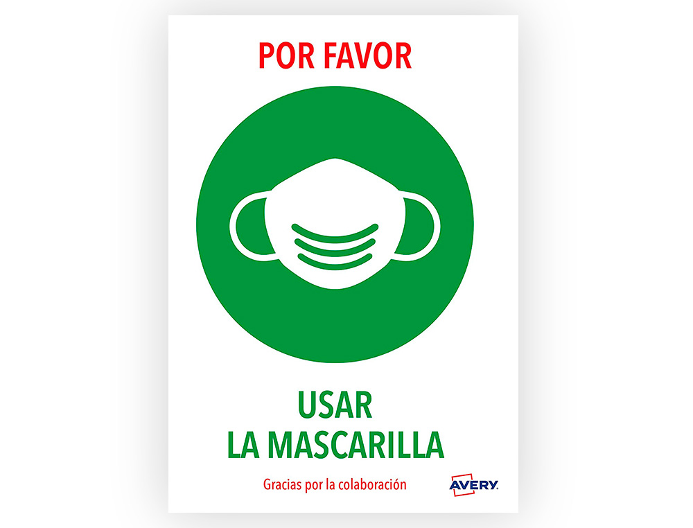 SEÑAL ADHESIVA AVERY USAR LA MASCARILLA DIN A4 RESISTENTE A LOS RAYOS UV PACK DE 2 UNIDADES