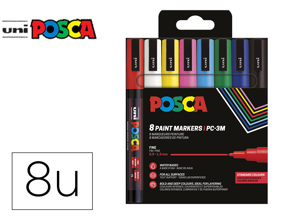 ROTULADOR UNI POSCA PC-3M/8C MARCADOR DE PINTURA PUNTA CONICA 0,9-1,3 MM ESTUCHE DE 8 UNIDADES COLORES BASICOS