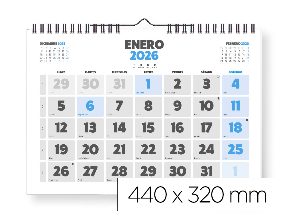 CALENDARIO ESPIRAL PARED LIDERPAPEL CLASICO 2026 NUMEROS GRANDES 44X32 CM PAPEL 128 GR