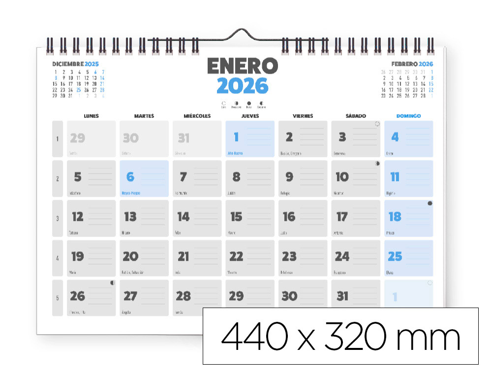 CALENDARIO PARED LIDERPAPEL CLASICO 2026 ESPIRAL 44X32 CM PAPEL 128 GR