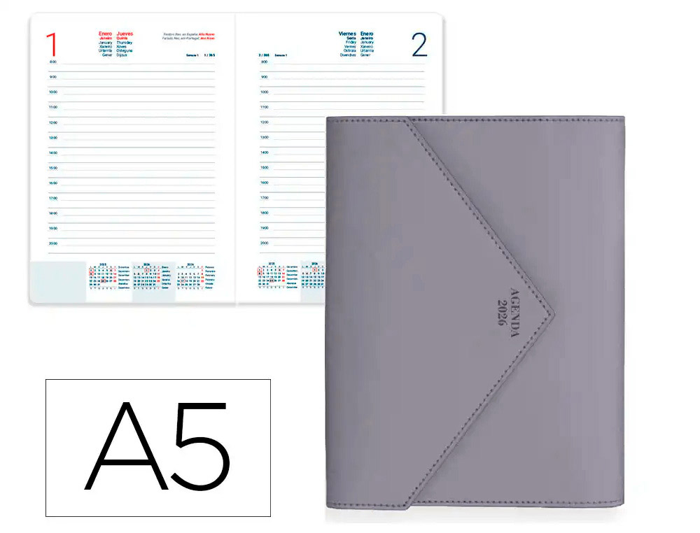 AGENDA ENCUADERNADA LIDERPAPEL PSARA A5 2026 DIA PAGINA MORADO PAPEL 70 GR FSC