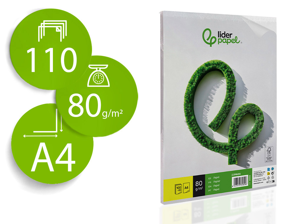 PAPEL LIDERPAPEL A4 8OG/M2 LISO PAQUETE DE 100 HOJAS + 10 HOJAS GRATIS