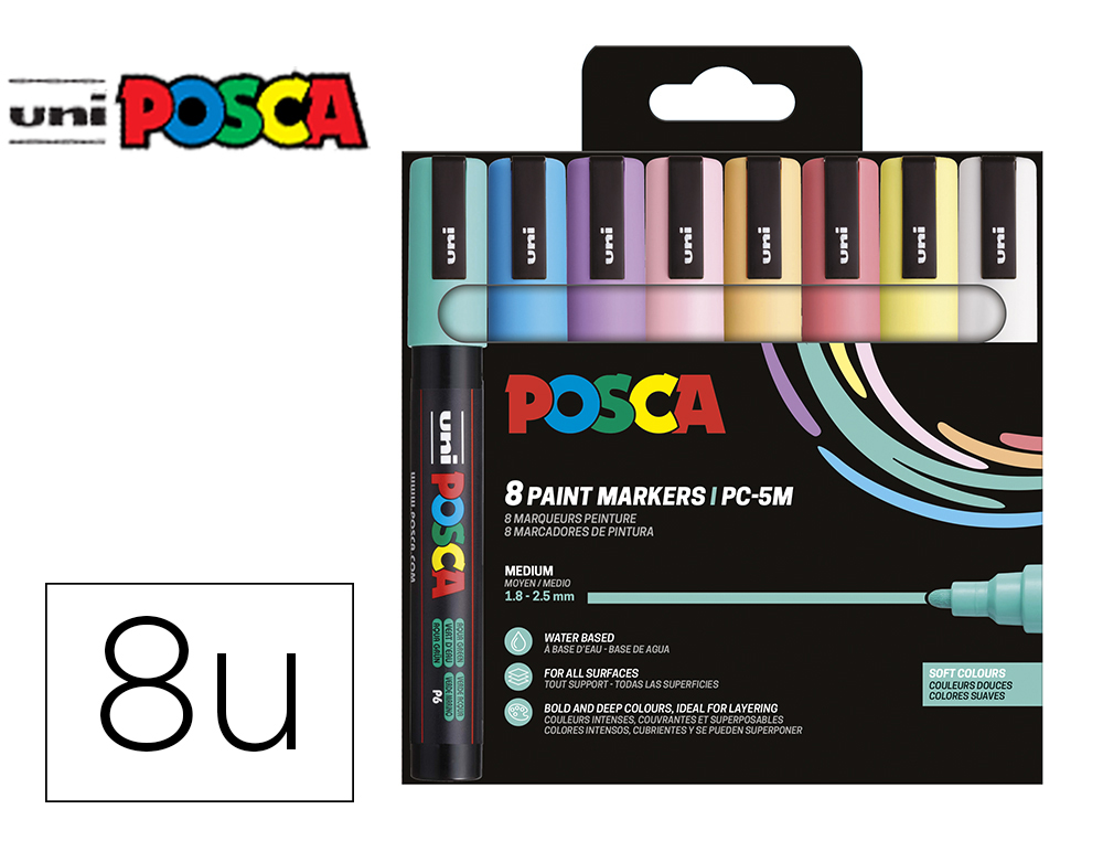 ROTULADOR UNI POSCA PC-5M/8C MARCADOR DE PINTURA PUNTA CONICA 1,8-2,5 MM ESTUCHE DE 8 UNIDADES COLORES SUAVES