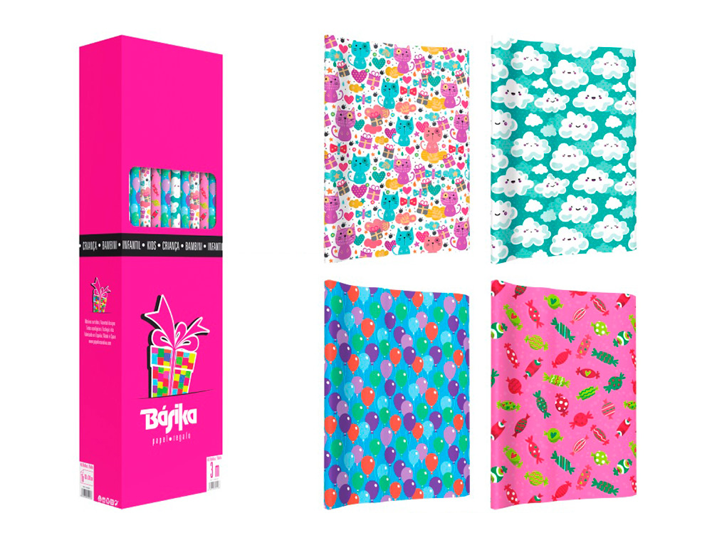 PAPEL DE REGALO BASIKA INFANTIL ROLLO ANCHO 1 M LONGITUD 3 MT DISEOS SURTIDOS