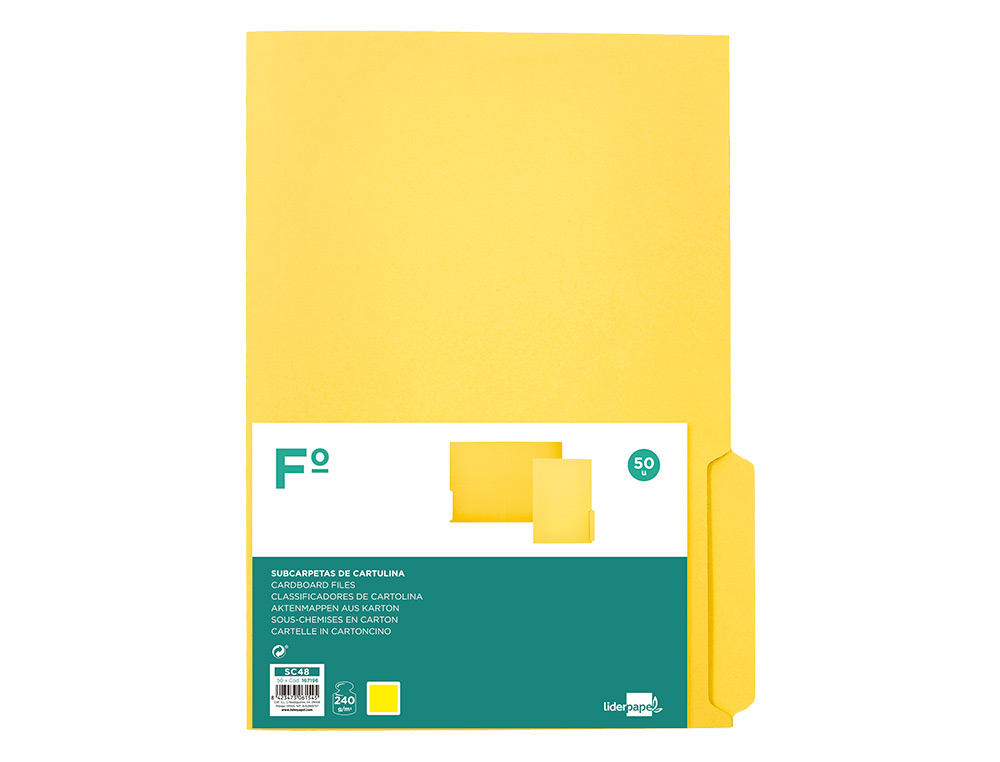 SUBCARPETA CARTULINA LIDERPAPEL FOLIO PESTAÑA DERECHA 240G/M2 AMARILLO