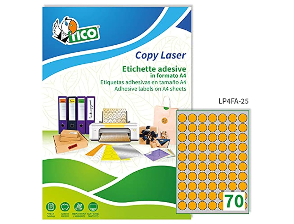 ETIQUETA ADHESIVA TICO NARANJA FLUORESCENTES PERMANENTE FSC LASER/INKJET/FOTOCOPIA REDONDA 25 MMCAJA DE 4900 UNIDADES
