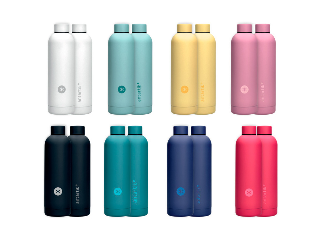 BOTELLA ANTARTIK ISOTERMICA ACERO INOXIDABLE LIBRE DE BPA 500ML EXPOSITOR CON 8 BOTELLAS