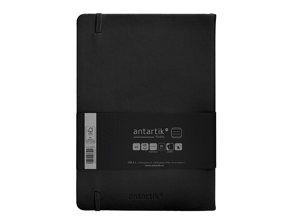 CUADERNO CON GOMILLA ANTARTIK NOTES TAPA DURA A5 HOJAS RAYAS NEGRO 100 HOJAS 80 GR FSC
