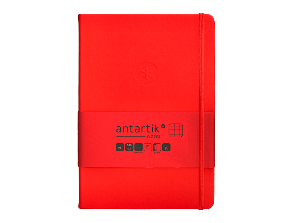 CUADERNO CON GOMILLA ANTARTIK NOTES TAPA DURA A5 HOJAS CUADRICULA ROJO 100 HOJAS 80 GR FSC