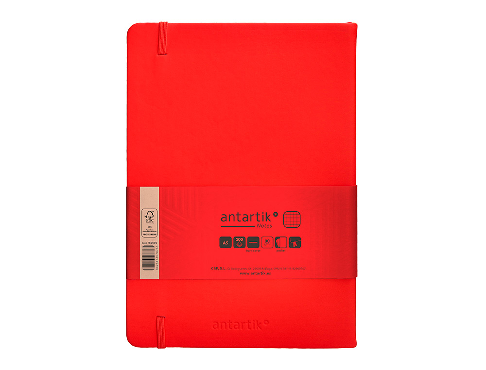 CUADERNO CON GOMILLA ANTARTIK NOTES TAPA DURA A5 HOJAS CUADRICULA ROJO 100 HOJAS 80 GR FSC
