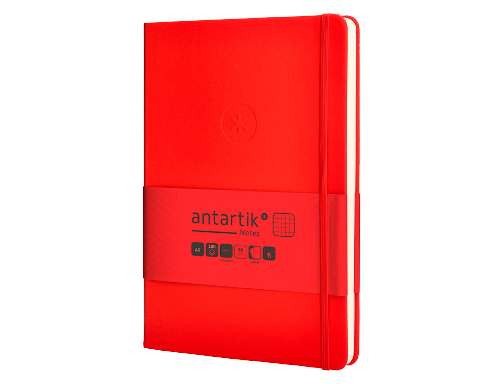 CUADERNO CON GOMILLA ANTARTIK NOTES TAPA DURA A5 HOJAS CUADRICULA ROJO 100 HOJAS 80 GR FSC