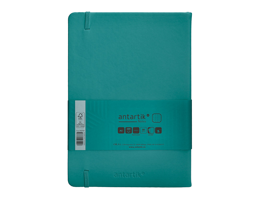 CUADERNO CON GOMILLA ANTARTIK NOTES TAPA DURA A5 HOJAS PUNTOS VERDE AGUAMARINA 100 HOJAS 80 GR FSC