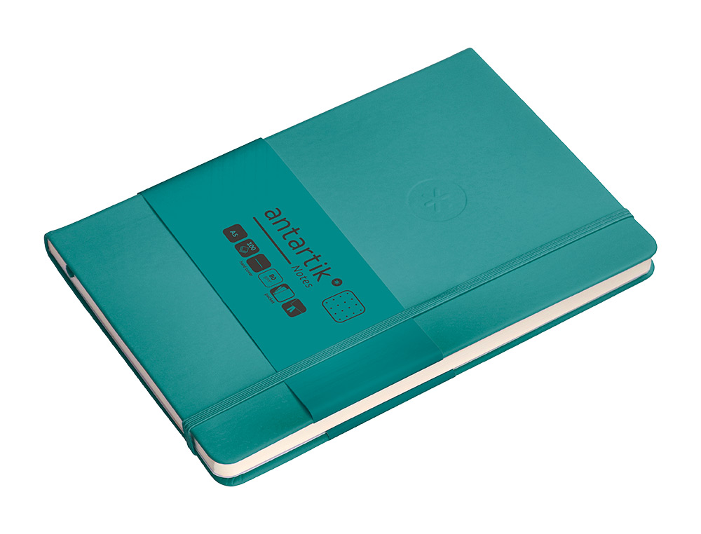 CUADERNO CON GOMILLA ANTARTIK NOTES TAPA DURA A5 HOJAS PUNTOS VERDE AGUAMARINA 100 HOJAS 80 GR FSC