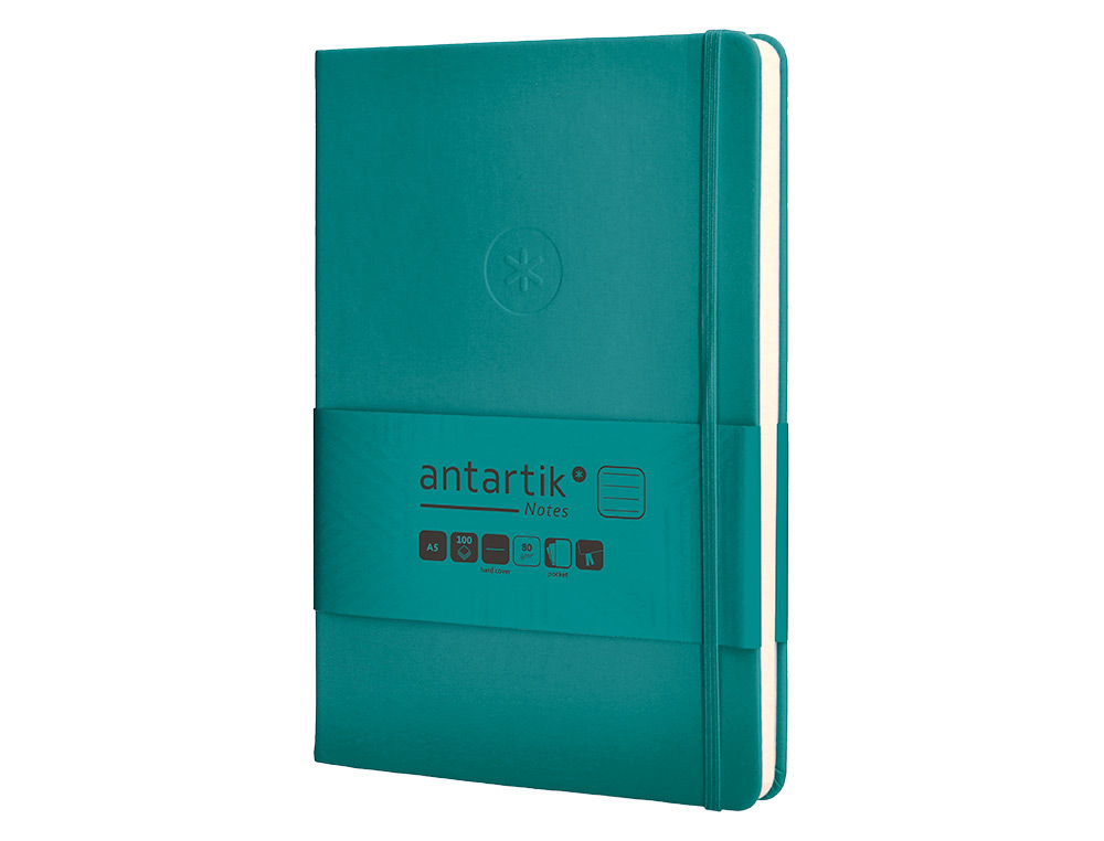 CUADERNO CON GOMILLA ANTARTIK NOTES TAPA DURA A5 HOJAS RAYAS VERDE AGUAMARINA 100 HOJAS 80 GR FSC
