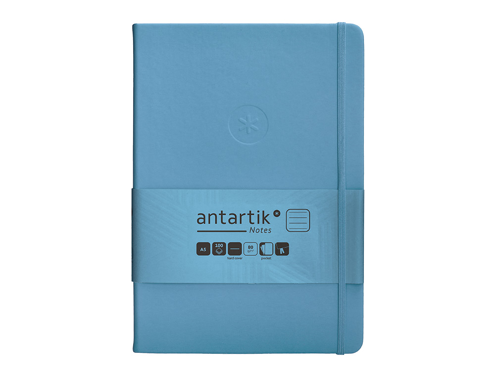 CUADERNO CON GOMILLA ANTARTIK NOTES TAPA DURA A5 HOJAS RAYAS AZUL CLARO 100 HOJAS 80 GR FSC