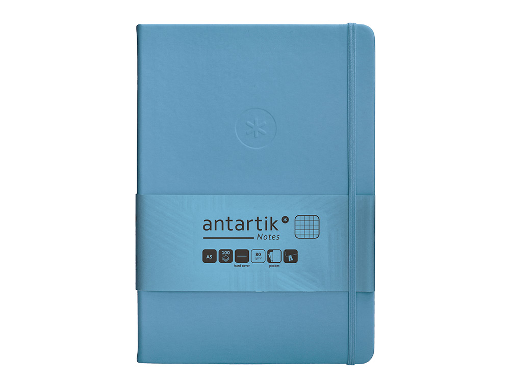 CUADERNO CON GOMILLA ANTARTIK NOTES TAPA DURA A5 HOJAS CUADRICULA AZUL CLARO 100 HOJAS 80 GR FSC