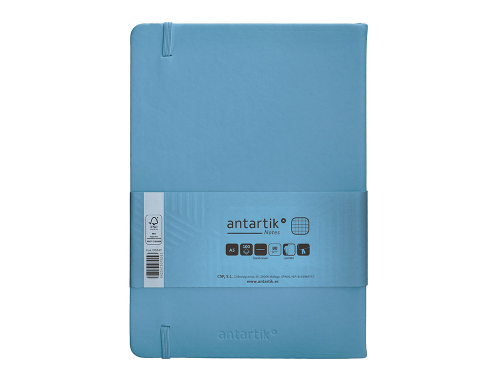 CUADERNO CON GOMILLA ANTARTIK NOTES TAPA DURA A5 HOJAS CUADRICULA AZUL CLARO 100 HOJAS 80 GR FSC