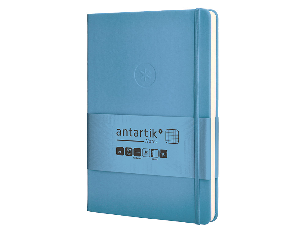 CUADERNO CON GOMILLA ANTARTIK NOTES TAPA DURA A5 HOJAS CUADRICULA AZUL CLARO 100 HOJAS 80 GR FSC