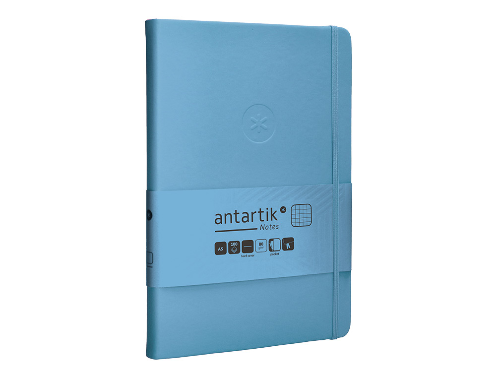 CUADERNO CON GOMILLA ANTARTIK NOTES TAPA DURA A5 HOJAS CUADRICULA AZUL CLARO 100 HOJAS 80 GR FSC