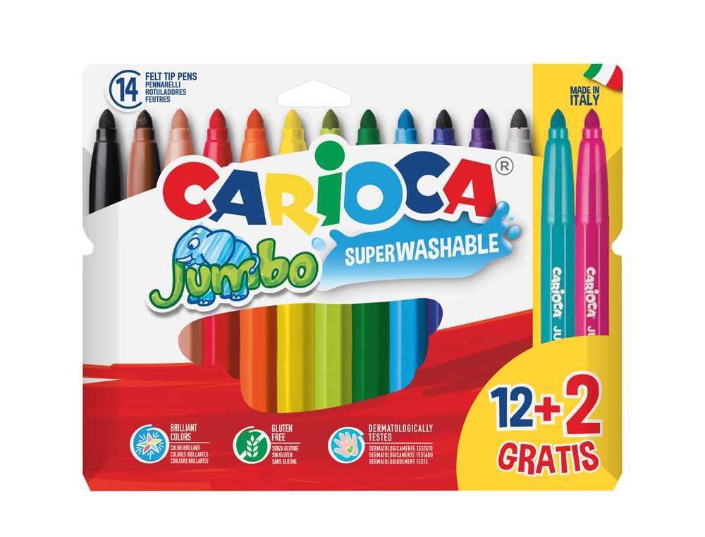 ROTULADOR CARIOCA JUMBO PUNTA GRUESA ESTUCHE DE 12 UNIDADES COLORES SURTIDOS + 2 GRATIS