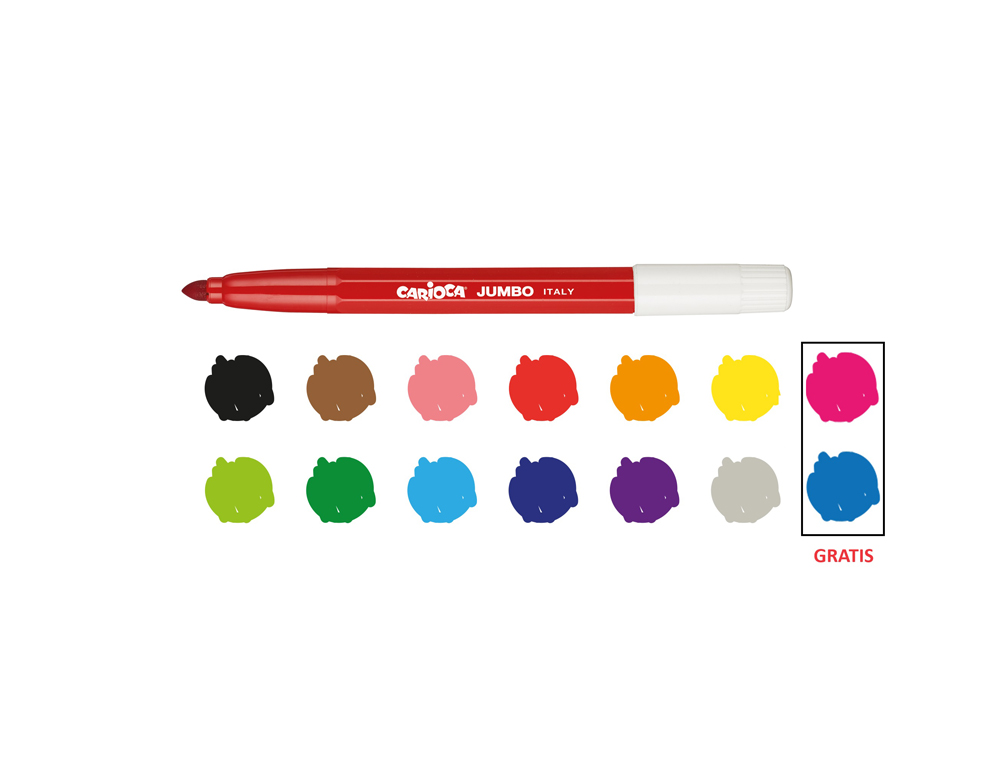 ROTULADOR CARIOCA JUMBO PUNTA GRUESA ESTUCHE DE 12 UNIDADES COLORES SURTIDOS + 2 GRATIS