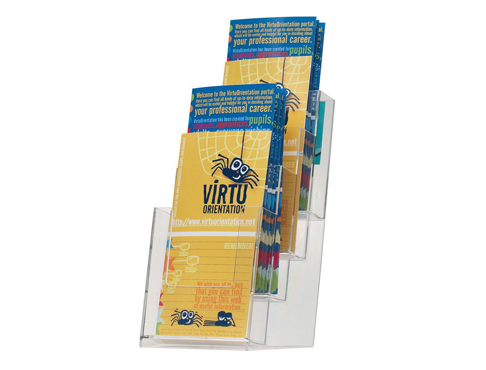EXPOSITOR SOBREMESA Q-CONNECT METACRILATO 1/3 DIN A4 PARA TRIPTICOS 4 COMPARTIMENTOS 110X155X265 MM