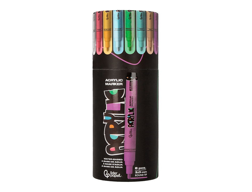 ROTULADOR LIDERPAPEL ACRYLIC BASE AGUA TODO TIPO DE SUPERFICIE PUNTA REDONDA 3MM CAJA DE 8 UNIDADES COLORES PASTEL