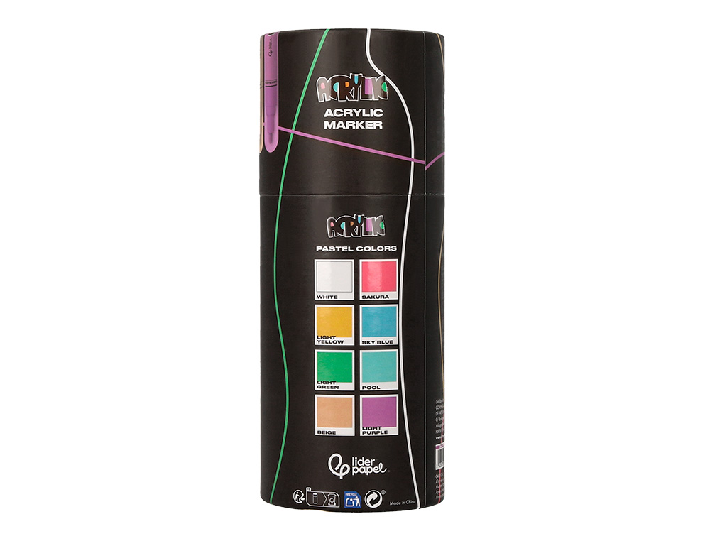 ROTULADOR LIDERPAPEL ACRYLIC BASE AGUA TODO TIPO DE SUPERFICIE PUNTA REDONDA 3MM CAJA DE 8 UNIDADES COLORES PASTEL