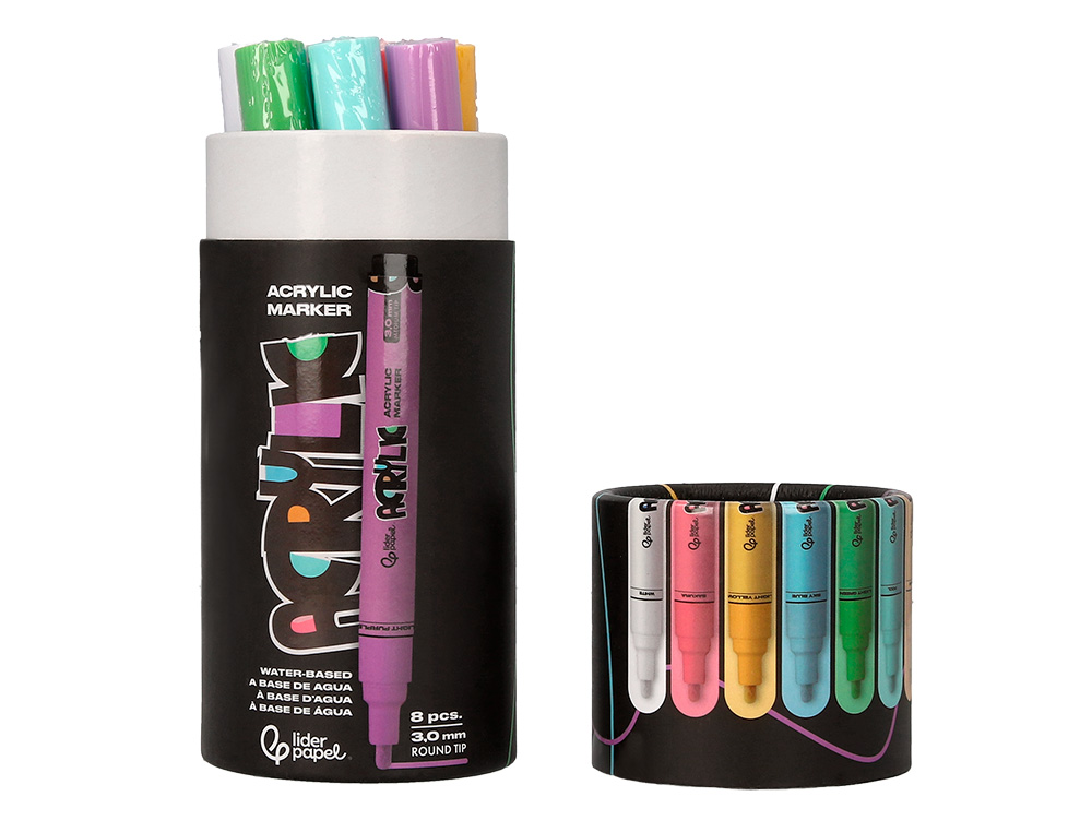 ROTULADOR LIDERPAPEL ACRYLIC BASE AGUA TODO TIPO DE SUPERFICIE PUNTA REDONDA 3MM CAJA DE 8 UNIDADES COLORES PASTEL