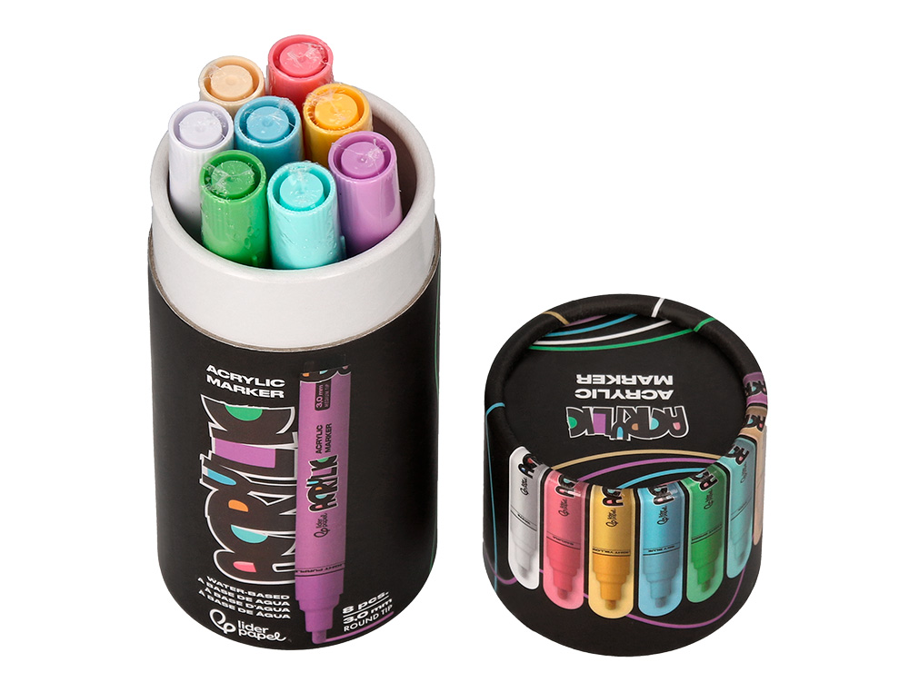 ROTULADOR LIDERPAPEL ACRYLIC BASE AGUA TODO TIPO DE SUPERFICIE PUNTA REDONDA 3MM CAJA DE 8 UNIDADES COLORES PASTEL