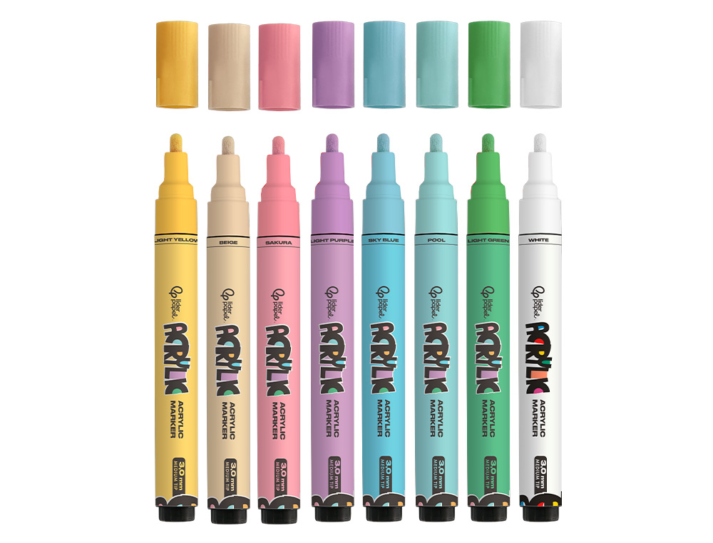 ROTULADOR LIDERPAPEL ACRYLIC BASE AGUA TODO TIPO DE SUPERFICIE PUNTA REDONDA 3MM CAJA DE 8 UNIDADES COLORES PASTEL