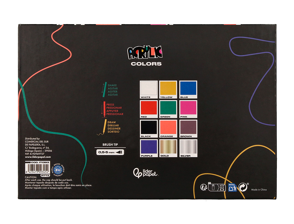 ROTULADOR LIDERPAPEL ACRYLIC BASE AGUA TODO TIPO DE SUPERFICIE PUNTA PINCEL CAJA DE 12 UNIDADES COLORES SURTIDOS