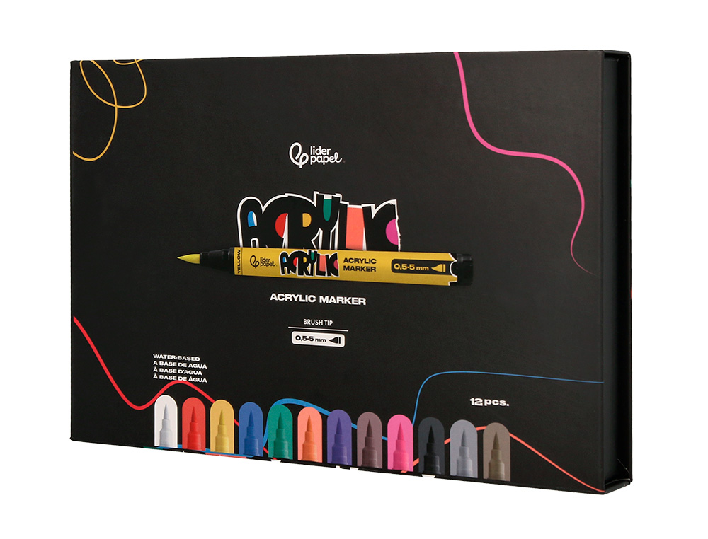 ROTULADOR LIDERPAPEL ACRYLIC BASE AGUA TODO TIPO DE SUPERFICIE PUNTA PINCEL CAJA DE 12 UNIDADES COLORES SURTIDOS