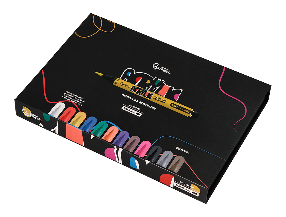 ROTULADOR LIDERPAPEL ACRYLIC BASE AGUA TODO TIPO DE SUPERFICIE PUNTA PINCEL CAJA DE 12 UNIDADES COLORES SURTIDOS