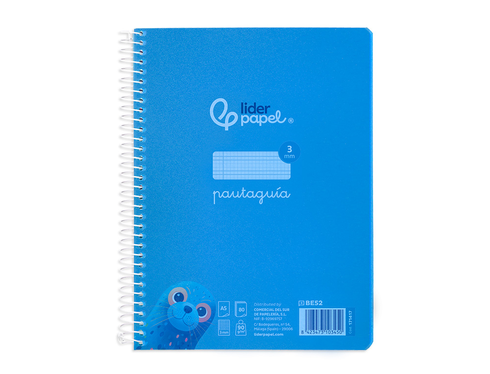 CUADERNO ESPIRAL LIDERPAPEL A5 PAUTAGUIA TAPA PLASTICO 80H 90GR CUADRO PAUTADO 3 MM CON MARGEN COLOR AZUL