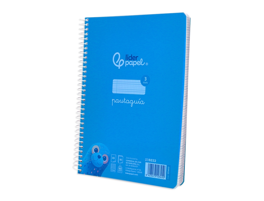 CUADERNO ESPIRAL LIDERPAPEL A5 PAUTAGUIA TAPA PLASTICO 80H 90GR CUADRO PAUTADO 3 MM CON MARGEN COLOR AZUL