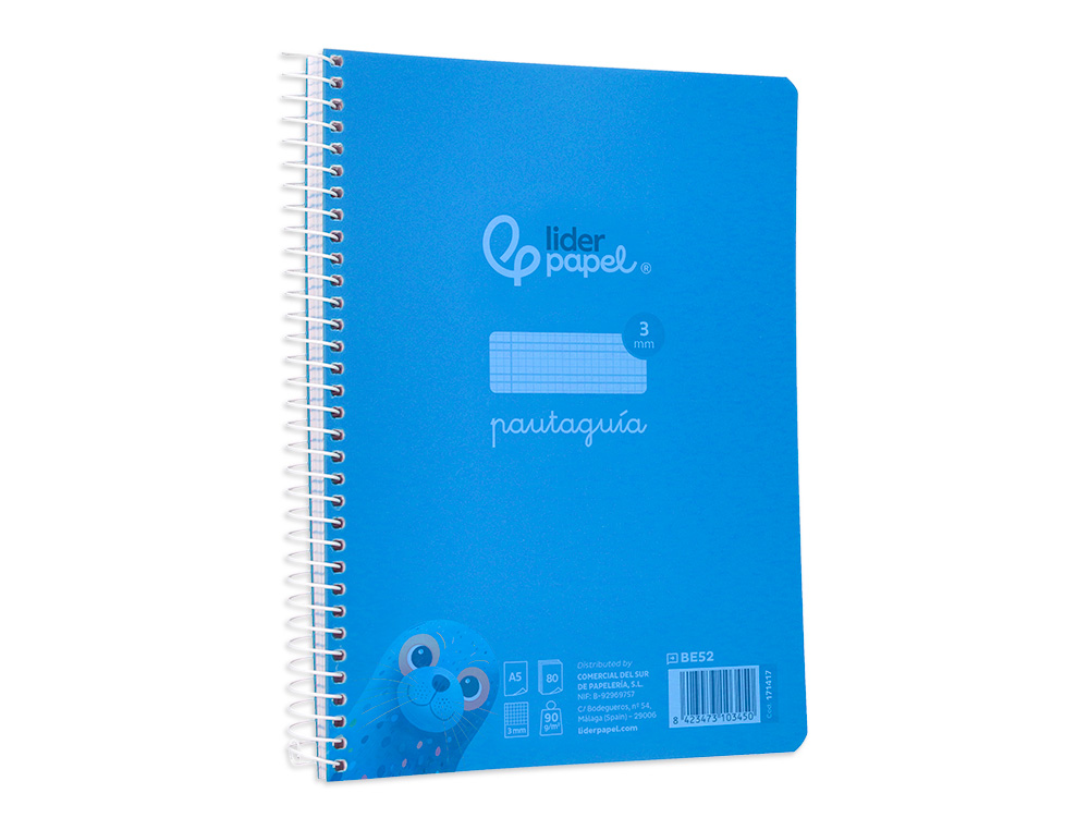 CUADERNO ESPIRAL LIDERPAPEL A5 PAUTAGUIA TAPA PLASTICO 80H 90GR CUADRO PAUTADO 3 MM CON MARGEN COLOR AZUL