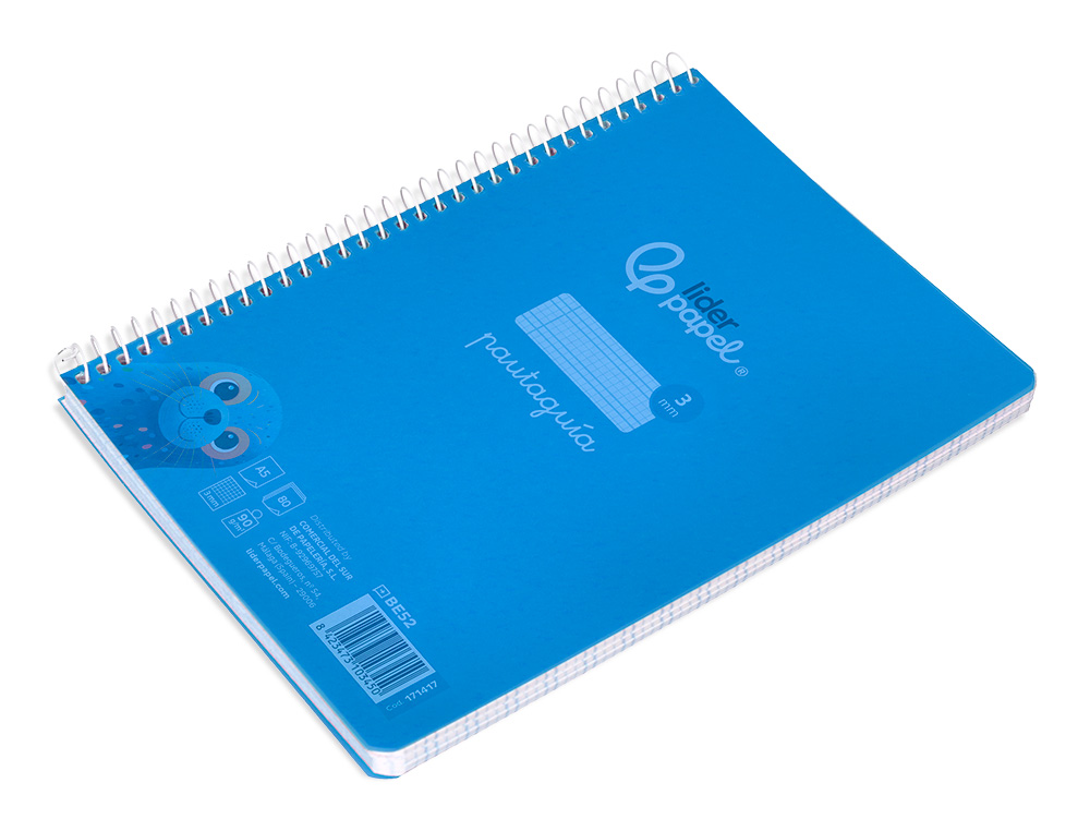 CUADERNO ESPIRAL LIDERPAPEL A5 PAUTAGUIA TAPA PLASTICO 80H 90GR CUADRO PAUTADO 3 MM CON MARGEN COLOR AZUL