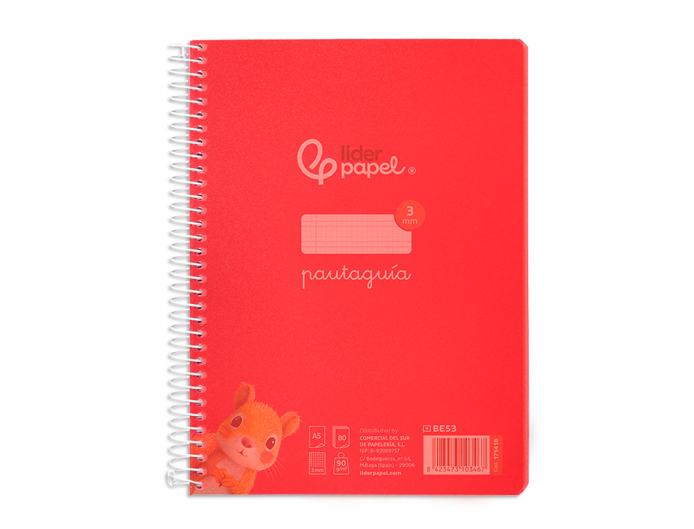 CUADERNO ESPIRAL LIDERPAPEL A5 PAUTAGUIA TAPA PLASTICO 80H 90GR CUADRO PAUTADO 3 MM CON MARGEN COLOR ROJO