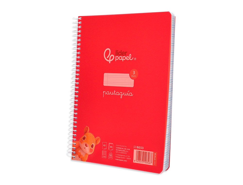 CUADERNO ESPIRAL LIDERPAPEL A5 PAUTAGUIA TAPA PLASTICO 80H 90GR CUADRO PAUTADO 3 MM CON MARGEN COLOR ROJO