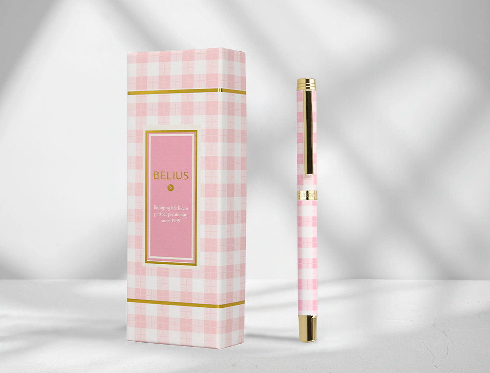 ROLLER BELIUS PERFECT PICNIC DAY ALUMINIO COLOR ROSA DORADO TINTA COLOR NEGRO CAJA DE DISEÑO
