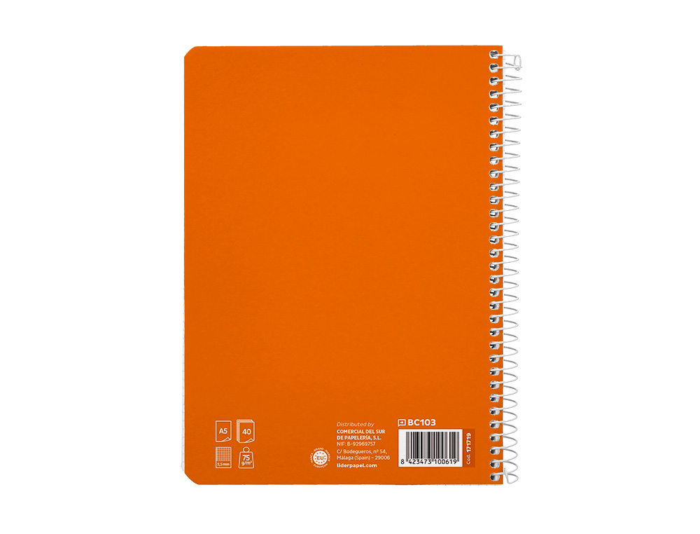 CUADERNO ESPIRAL LIDERPAPEL A5 PAUTAGUIA TAPA BLANDA 40H 75GR CUADRO PAUTADO 2,5MM COLOR NARANJA