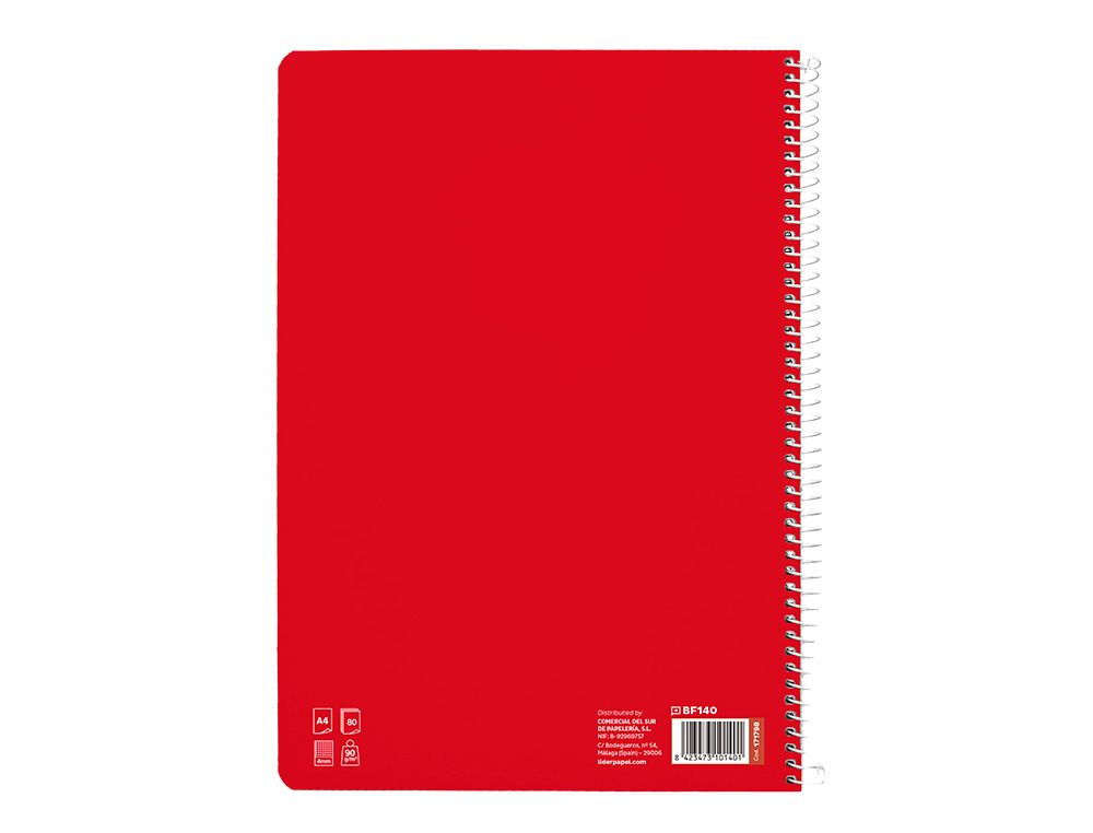 CUADERNO ESPIRAL LIDERPAPEL A4 PAUTAGUIA TAPA DURA 80H 90 GR CUADRO PAUTADO 4MM COLOR ROJO