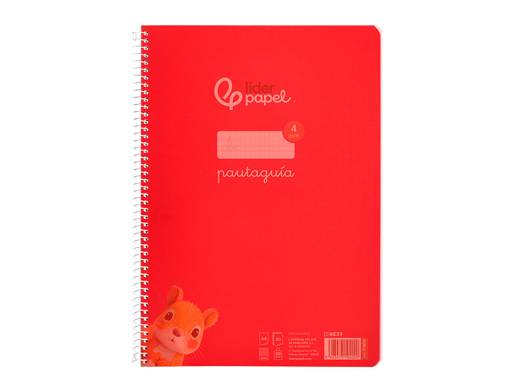 CUADERNO ESPIRAL LIDERPAPEL A4 PAUTAGUIA TAPA PLASTICO 80H 90GR CUADRO PAUTADO 4MM CON MARGEN COLOR ROJO