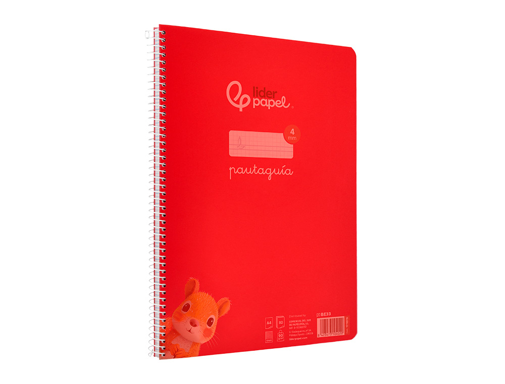 CUADERNO ESPIRAL LIDERPAPEL A4 PAUTAGUIA TAPA PLASTICO 80H 90GR CUADRO PAUTADO 4MM CON MARGEN COLOR ROJO
