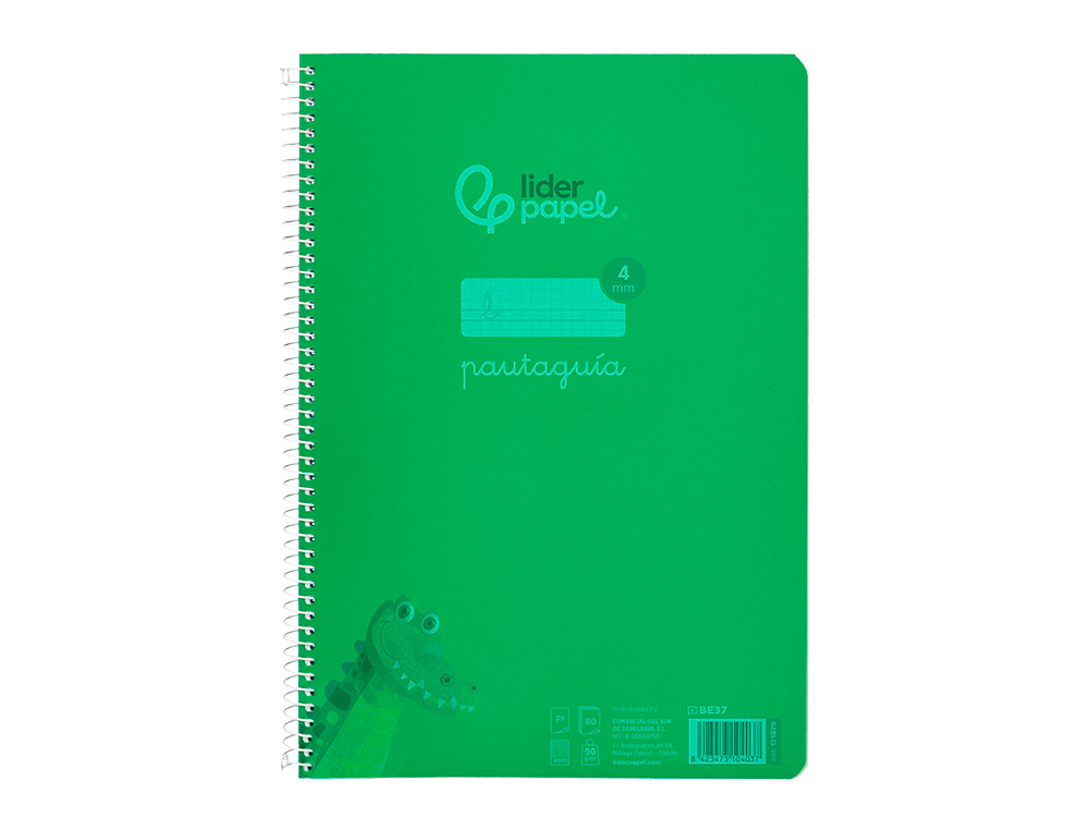 CUADERNO ESPIRAL LIDERPAPEL A4 PAUTAGUIA TAPA PLASTICO 80H 90GR CUADRO PAUTADO 4MM CON MARGEN COLOR VERDE