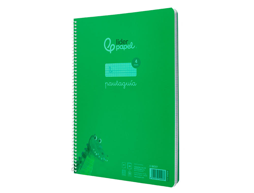 CUADERNO ESPIRAL LIDERPAPEL A4 PAUTAGUIA TAPA PLASTICO 80H 90GR CUADRO PAUTADO 4MM CON MARGEN COLOR VERDE