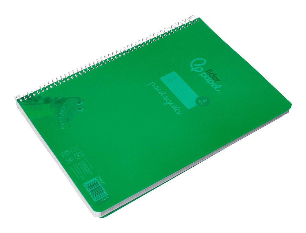 CUADERNO ESPIRAL LIDERPAPEL A4 PAUTAGUIA TAPA PLASTICO 80H 90GR CUADRO PAUTADO 4MM CON MARGEN COLOR VERDE