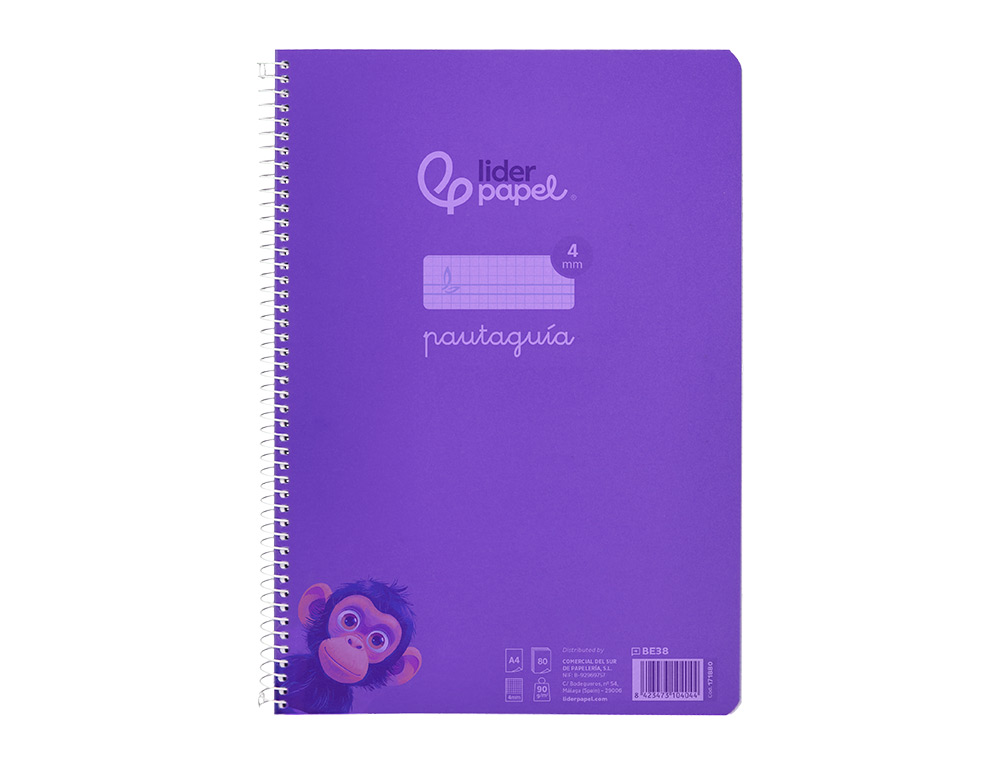 CUADERNO ESPIRAL LIDERPAPEL A4 PAUTAGUIA TAPA PLASTICO 80H 90GR CUADRO PAUTADO 4MM CON MARGEN COLOR LILA