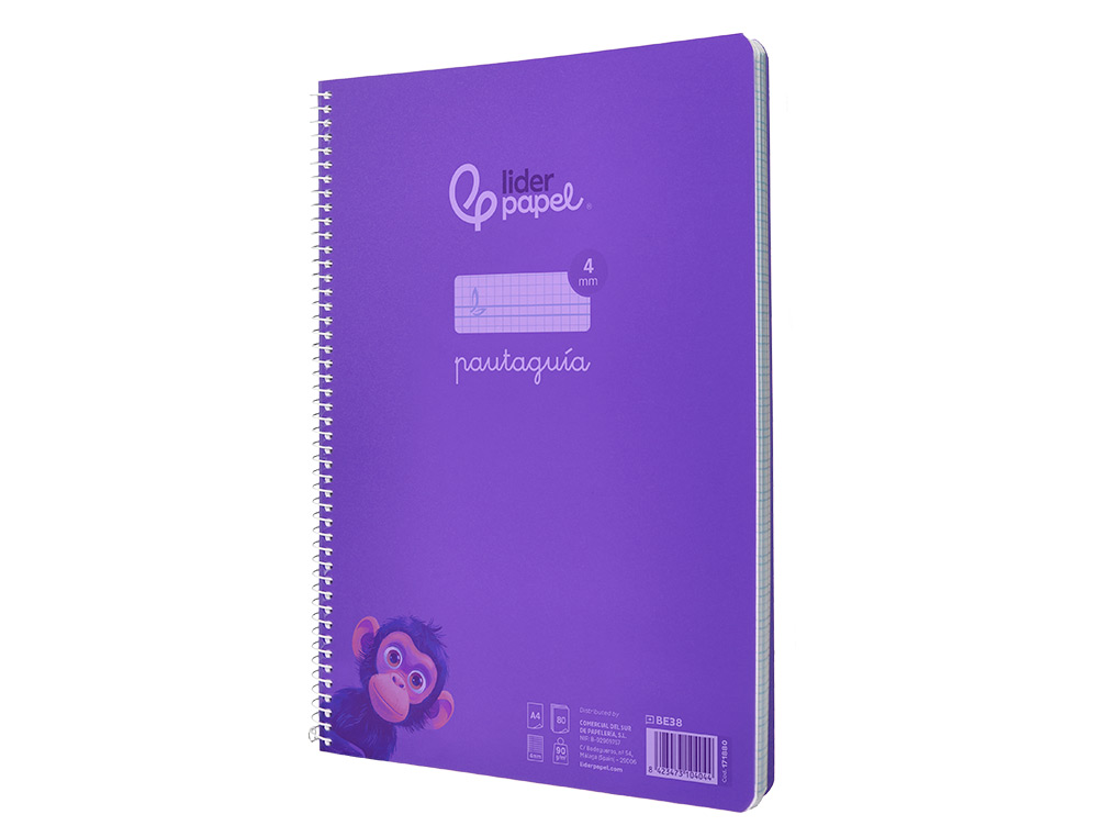 CUADERNO ESPIRAL LIDERPAPEL A4 PAUTAGUIA TAPA PLASTICO 80H 90GR CUADRO PAUTADO 4MM CON MARGEN COLOR LILA